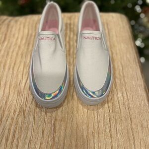 Nautica White Slip-On Shoes with Iridescent stripe, pink logo, girl’s size 4